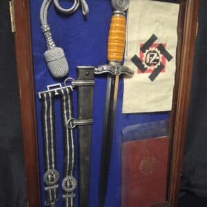 Display Case with TENO Leader Dagger by Eickhorn with Hangers, Portepee, Armband and Owner’s Membership Book (31847)