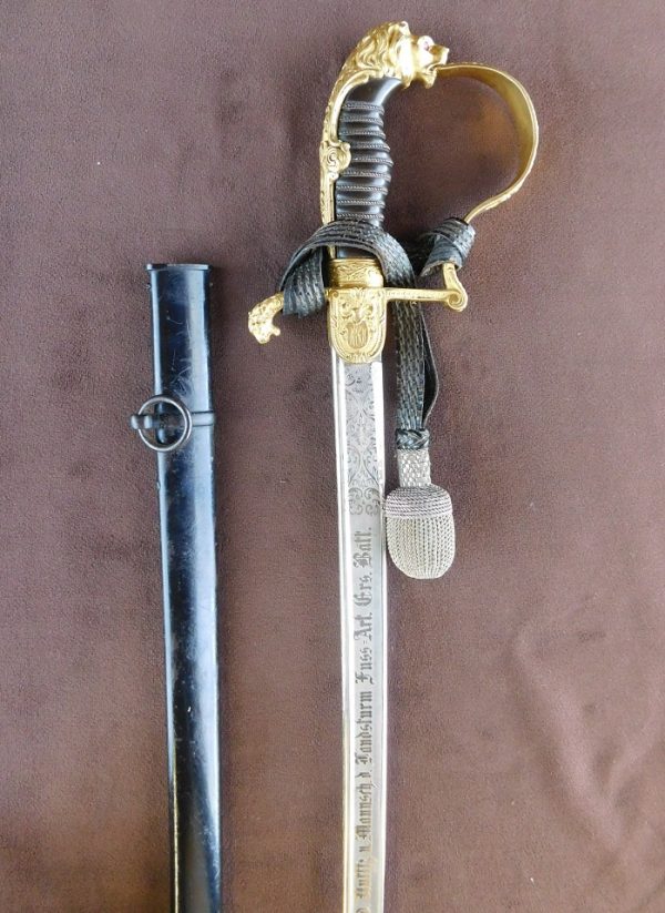 Personalized Royal Prussian Lion/Leopard Head Artillery Sword w/Double-Etched Presentation Blade and Sword Knot (#26592)