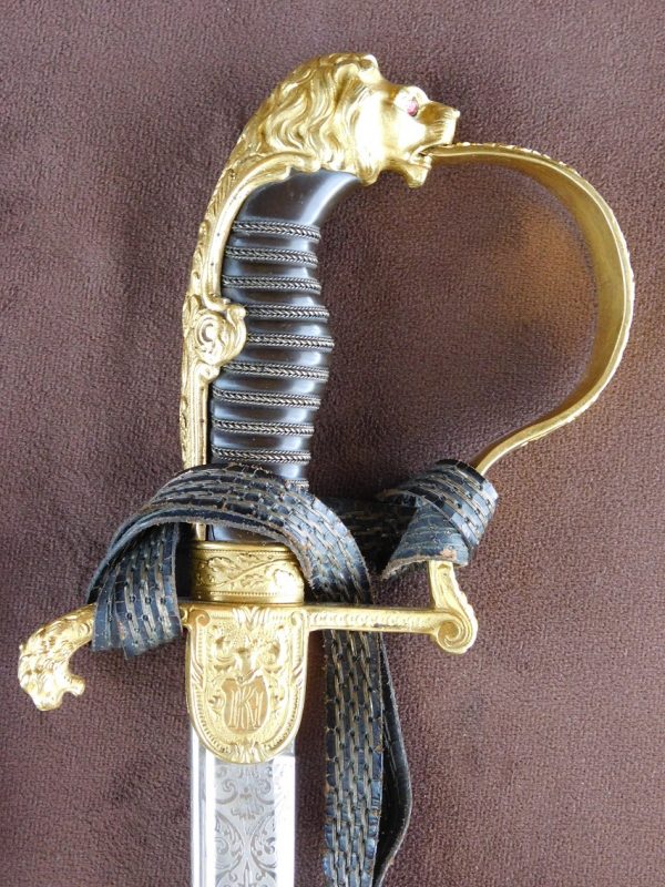 Personalized Royal Prussian Lion/Leopard Head Artillery Sword w/Double-Etched Presentation Blade and Sword Knot (#26592)