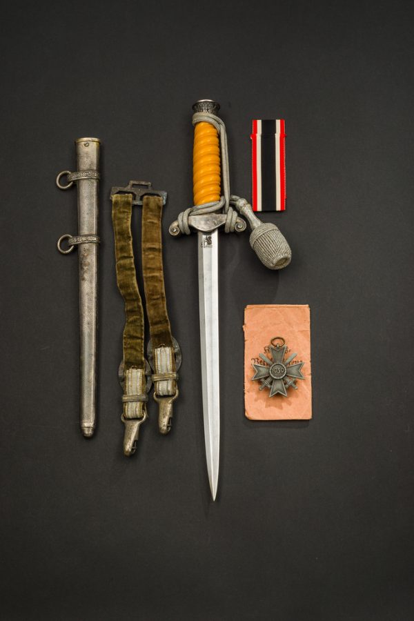 Uncleaned Army Officer’s Dagger Grouping w/Portepee, Deluxe Hangers & War Merit Cross 2nd Class w/Swords, Ribbon & Issue Envelope (#50040)