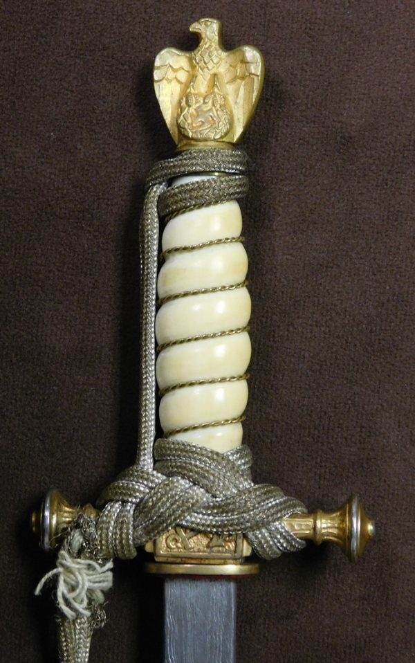 2nd  Model “Transitional” Navy Dagger w/Bone Grip, Genuine Damascus Blade, Hammered Scabbard & Portepee (#29653)
