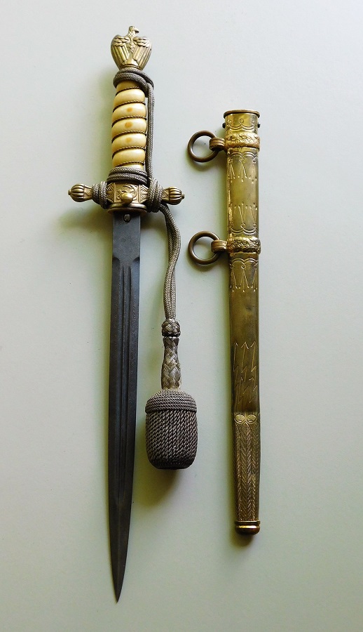 2nd Model Navy Dagger w/Ivory Grip, Genuine Damascus Blade and Portepee (#30589)
