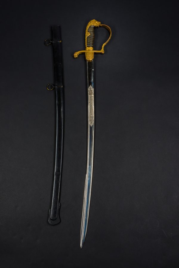 Personalized “Grosser” Royal Prussian Lion Head Uhlan Sword w/Presentation Etched Blade & Retailer’s Mark (#50078)        
